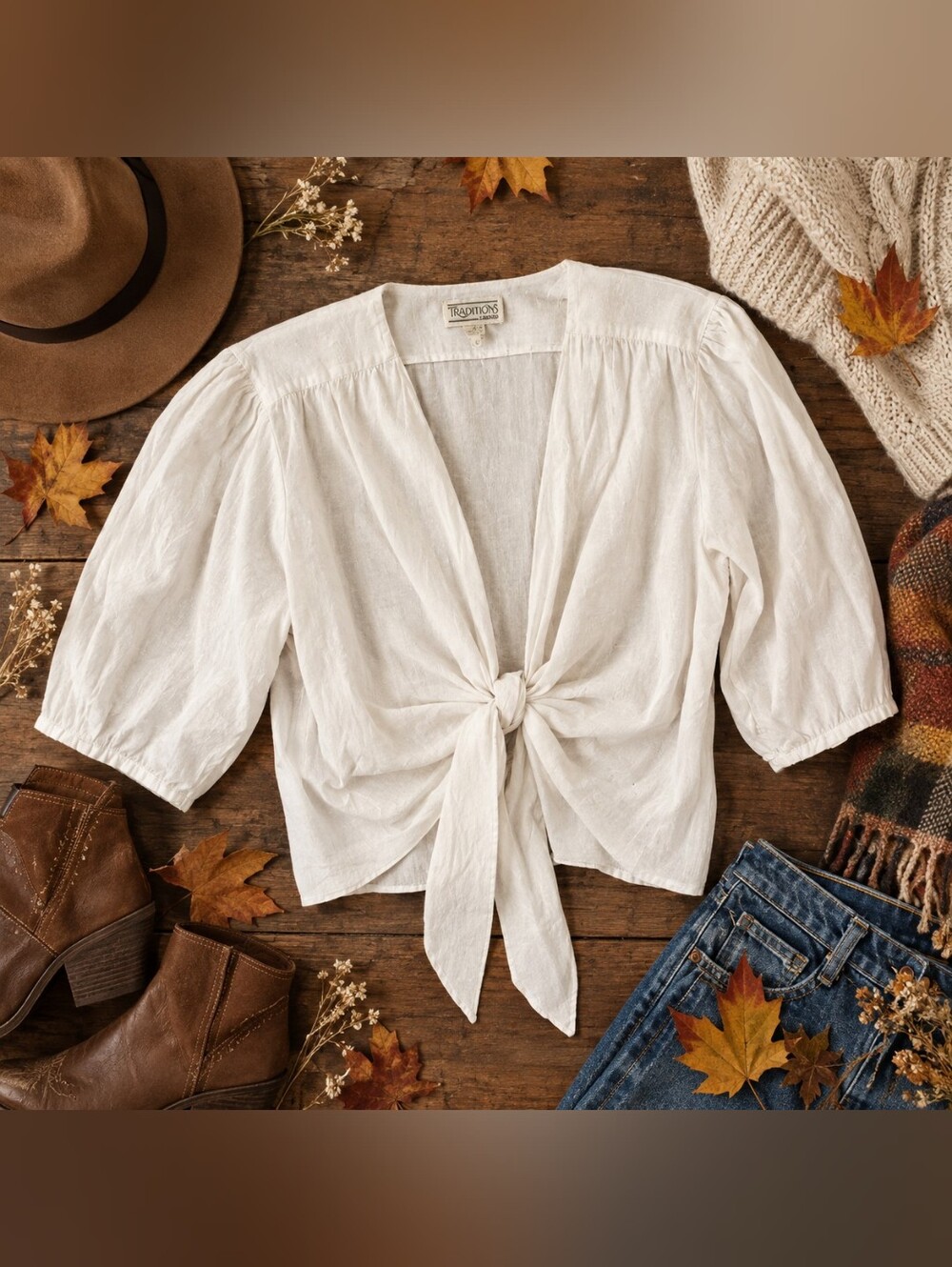 Vintage White Tie Front Blouse Puff Sleeves Cottagecore Prairie
